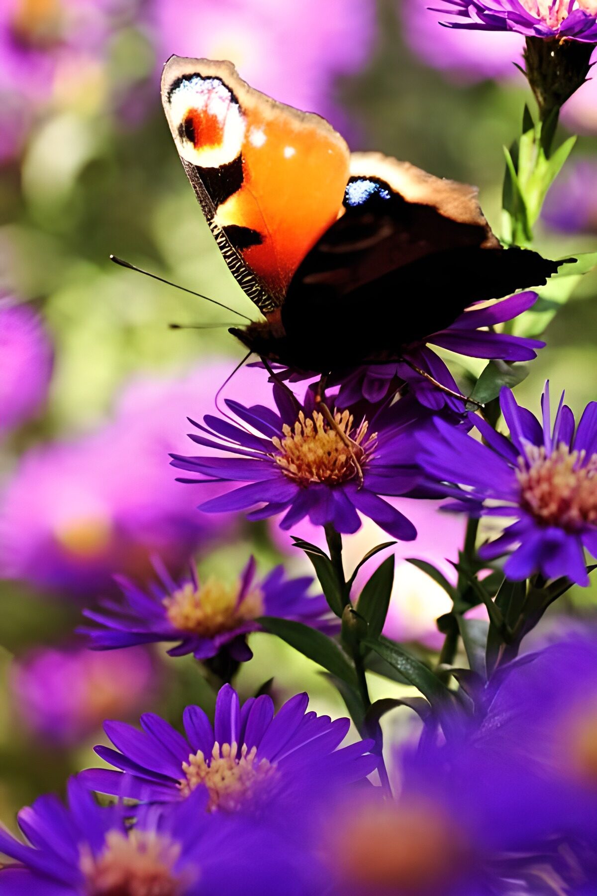 Tagpfauenauge auf lila Astern im Sonnenlicht