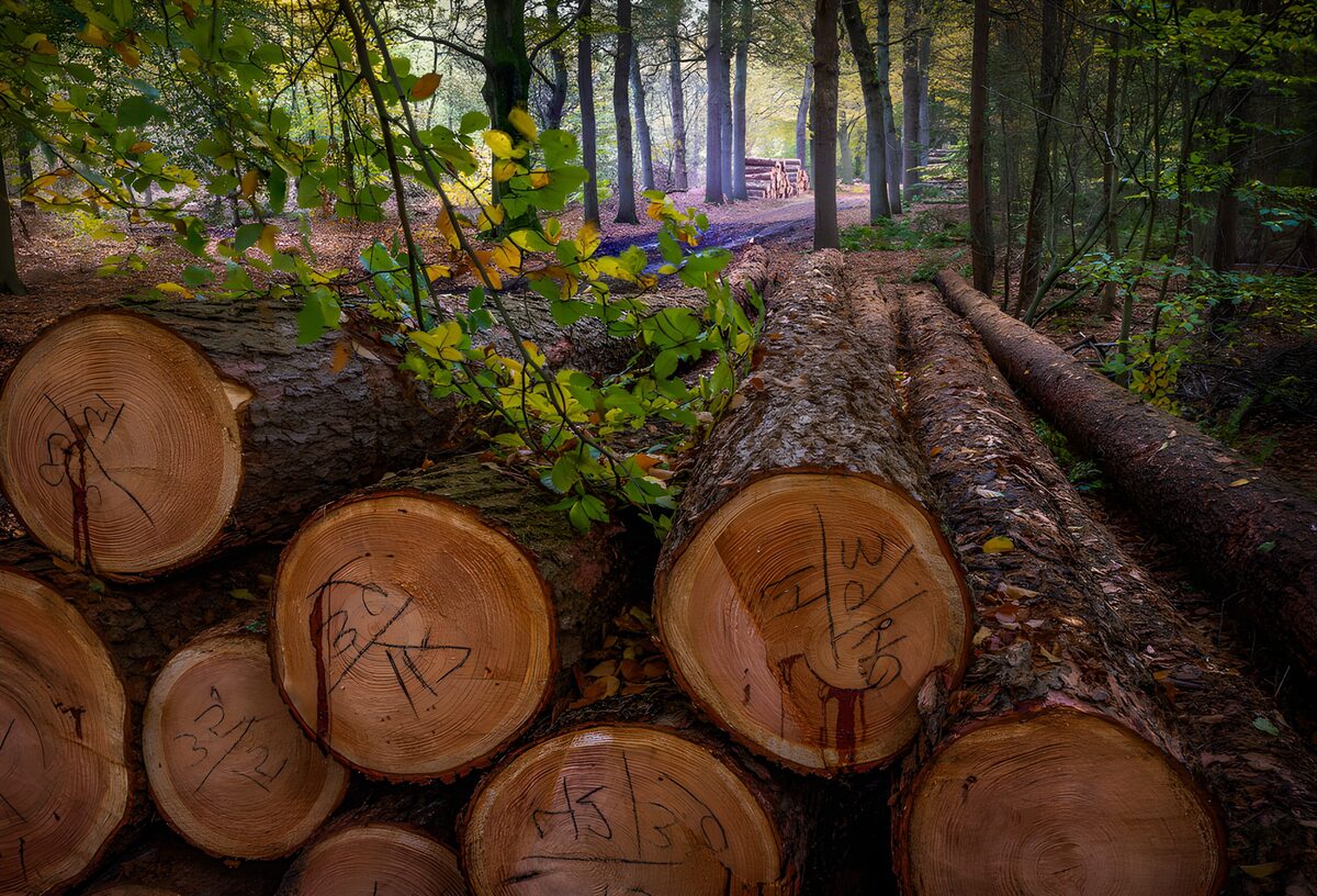 Frisch gefällte Stämme am stillen Waldweg