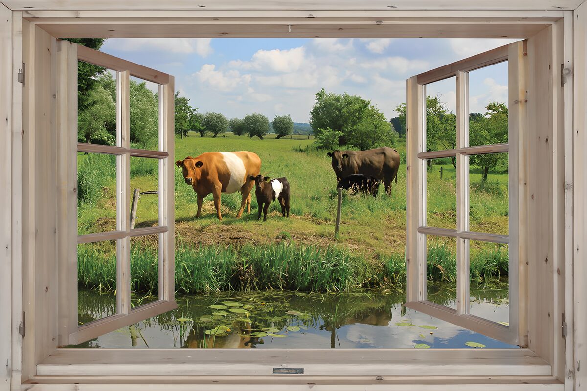 Offenes Fenster mit Blick auf die Kuhweide