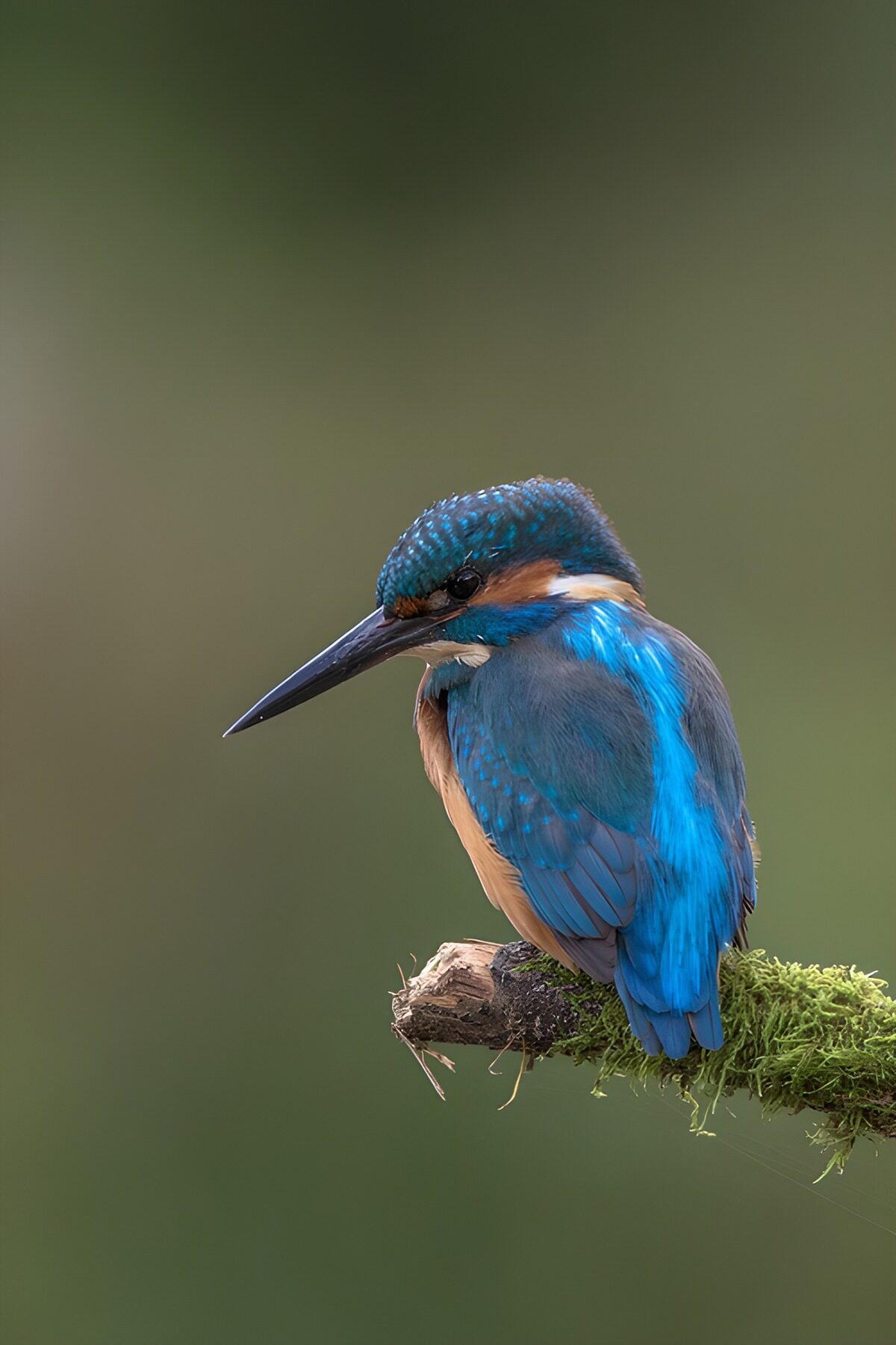 Eisvogel auf moosigem Ast im stillen Grün