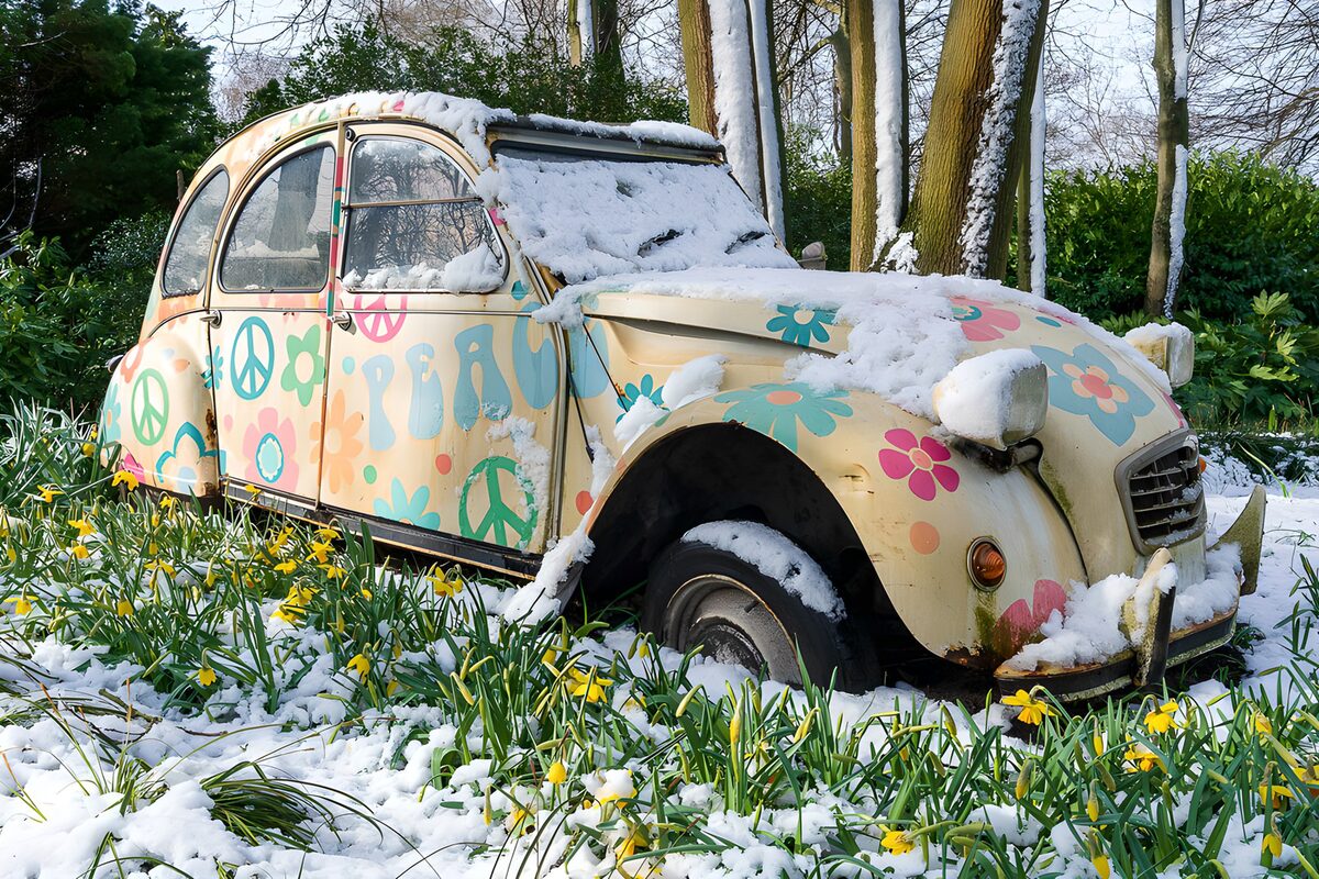 Bunte Ente zwischen Schnee und Narzissen