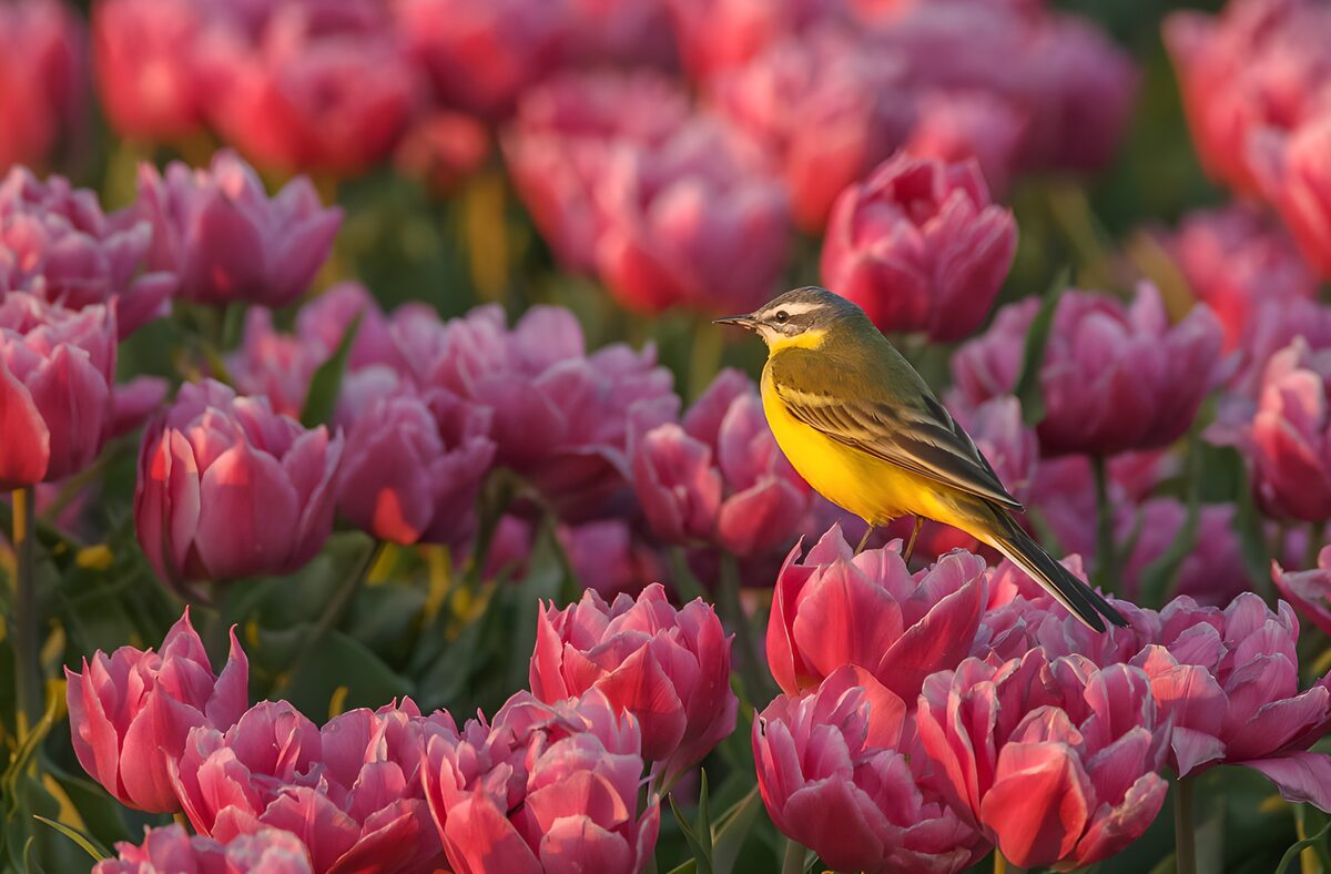 Schafstelze auf sonniger rosa Tulpe