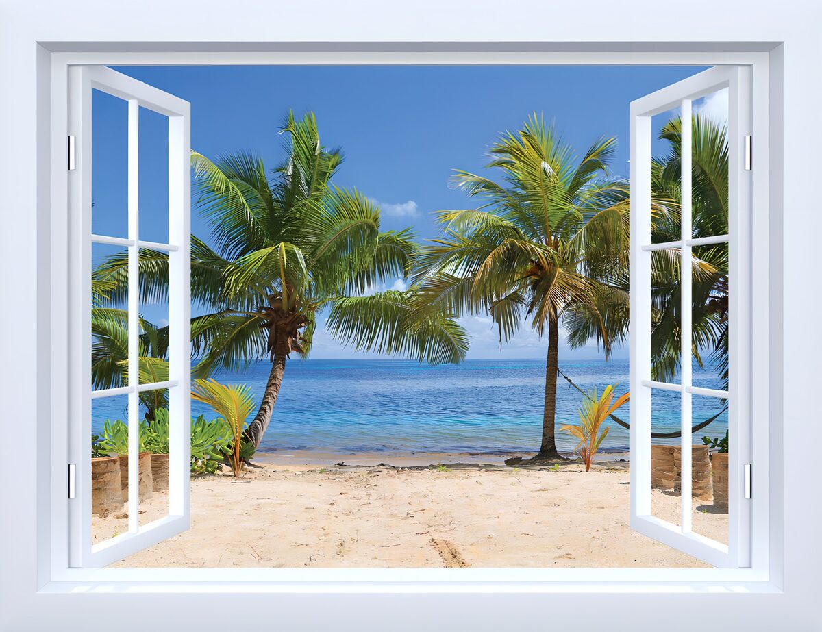 Offenes Fenster zum sonnigen Palmenstrand