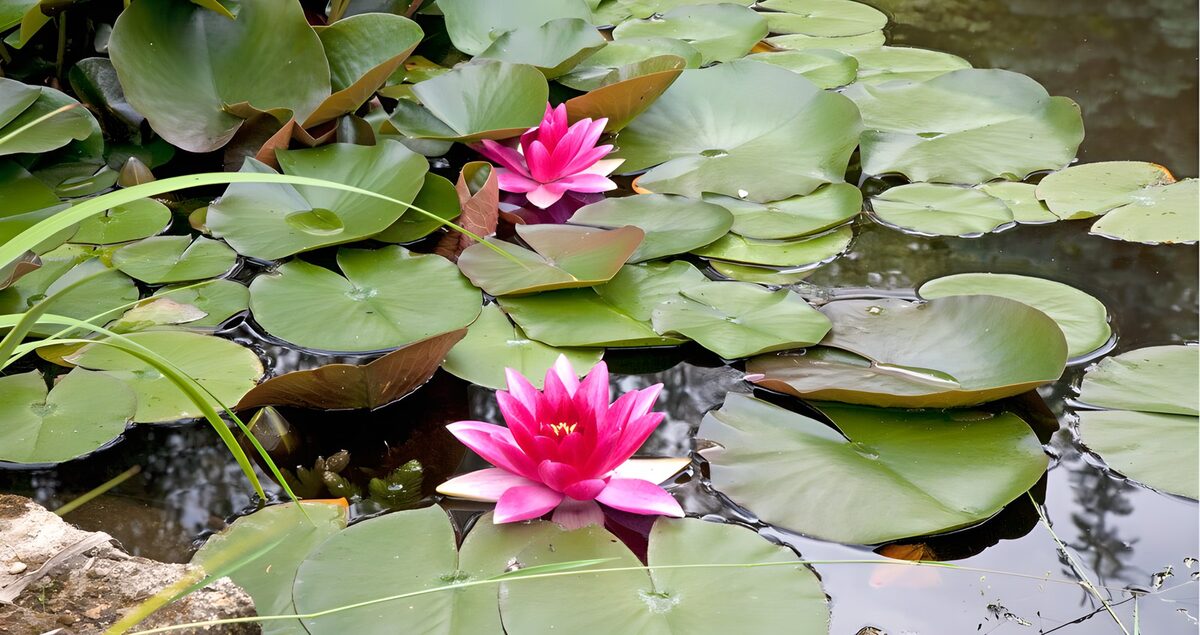 Zwei rosa Seerosen im stillen Teich