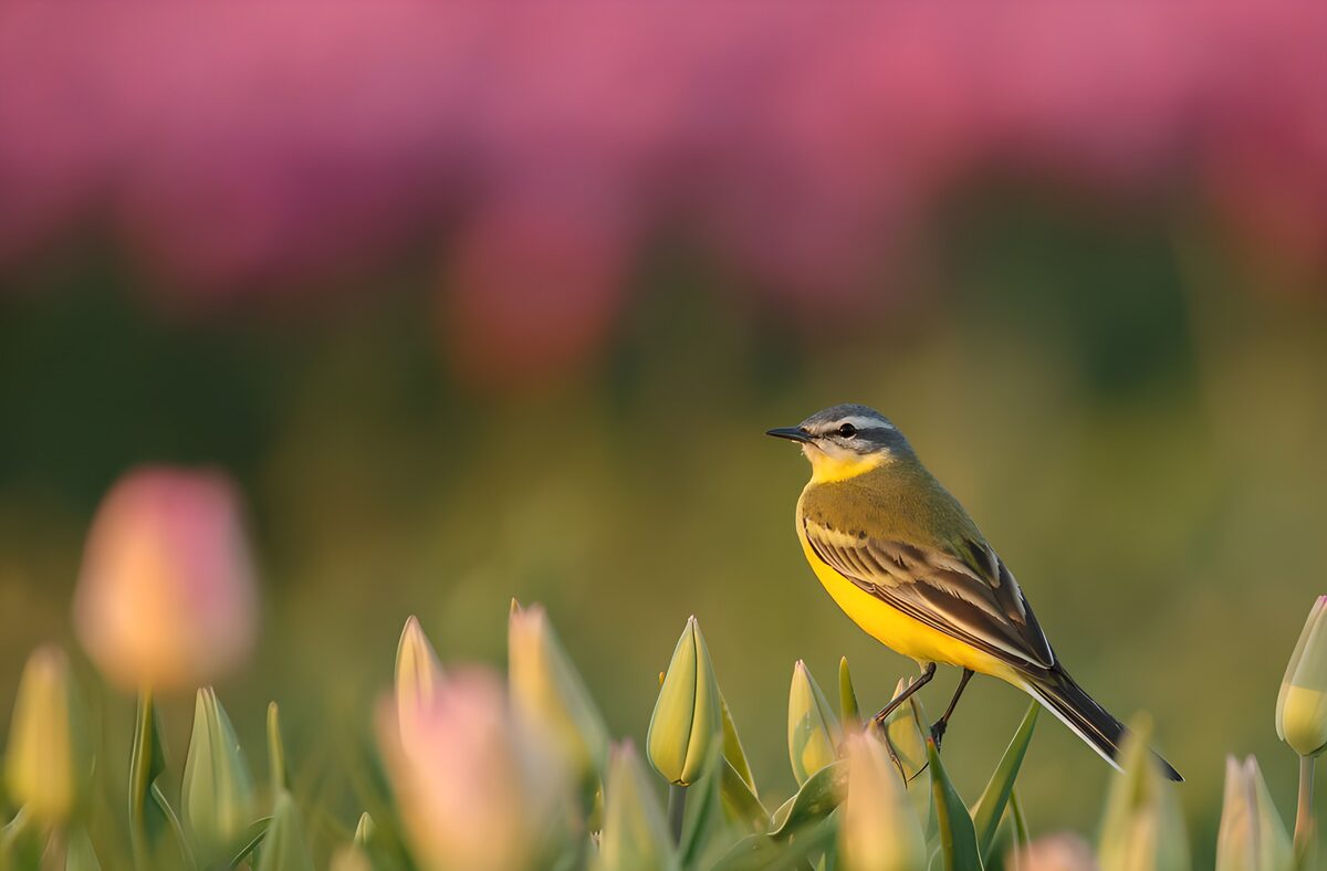 Schafstelze zwischen zarten Tulpenknospen