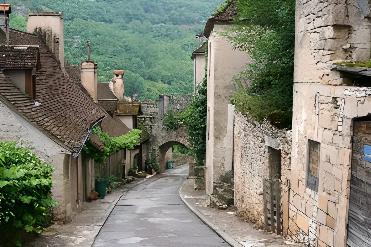 Stille Dorfgasse mit alten Steinhäusern