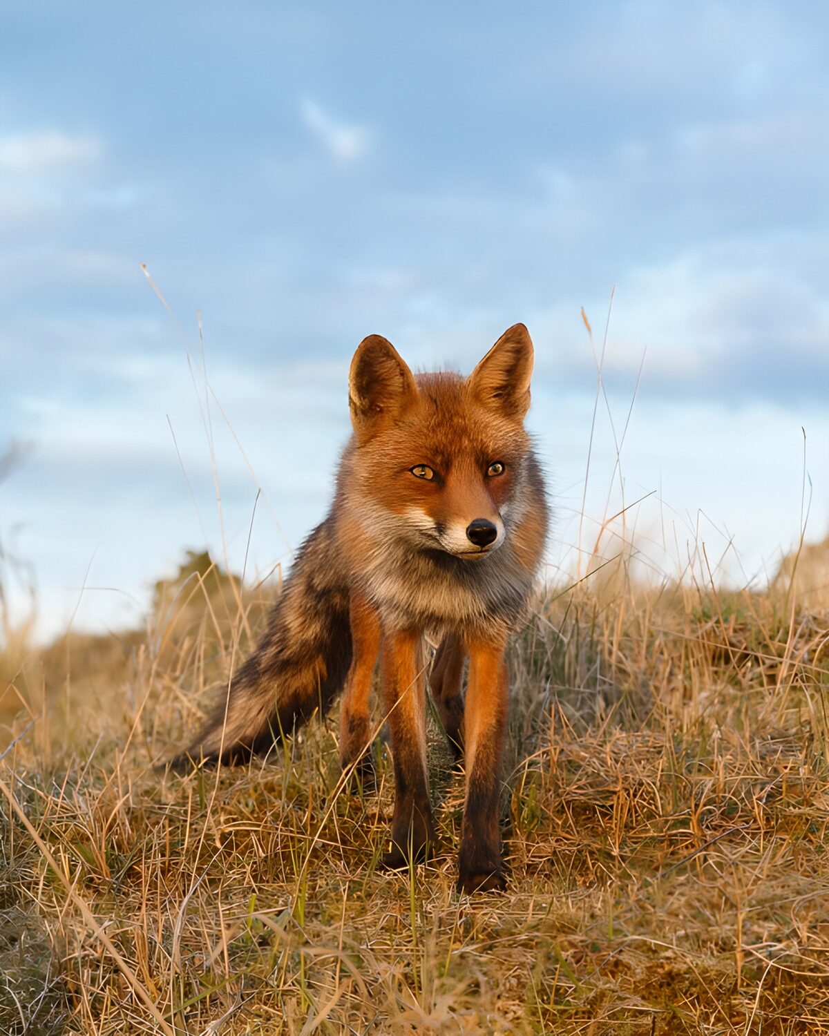 Wachsamer Rotfuchs im trockenen Gras