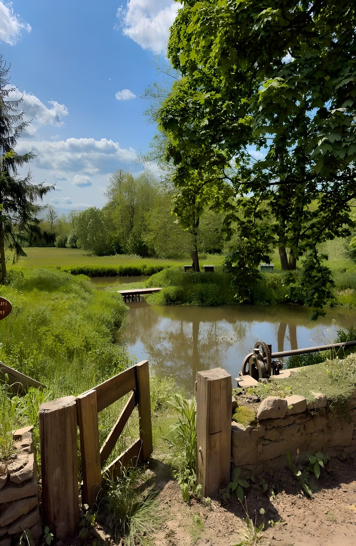 Holztor und Holzsteg am stillen Wasser