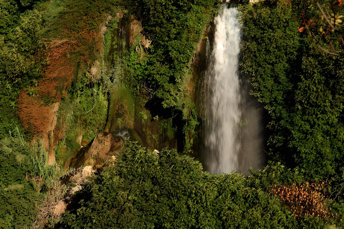 Wasserfall an üppig bewachsener Felswand