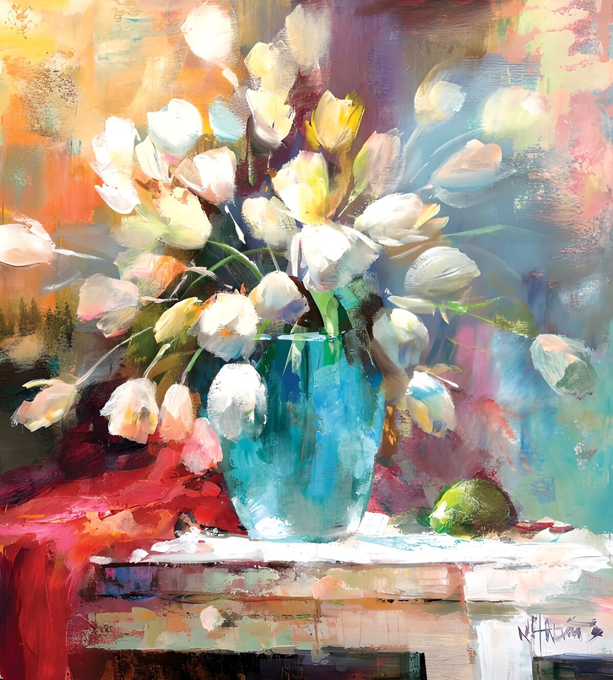 Helle Tulpen in einer türkisfarbenen Vase