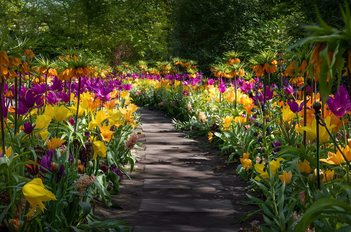 Tulpen und Kaiserkronen im Sonnenlicht