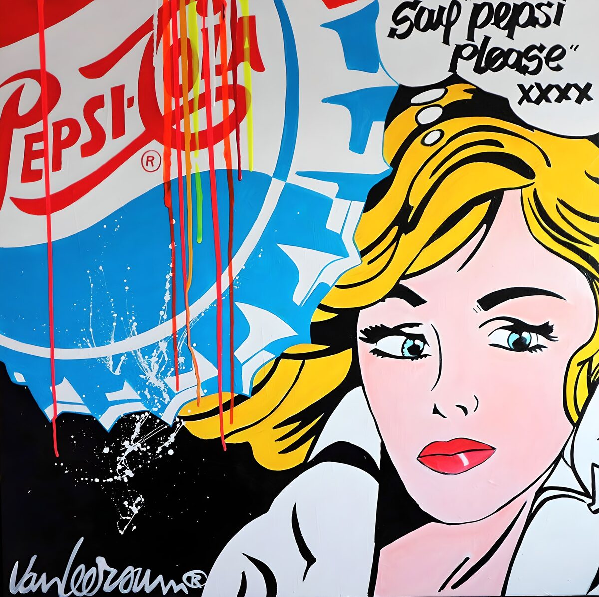 Blondine mit Cola-Logo in knalliger Pop-Art