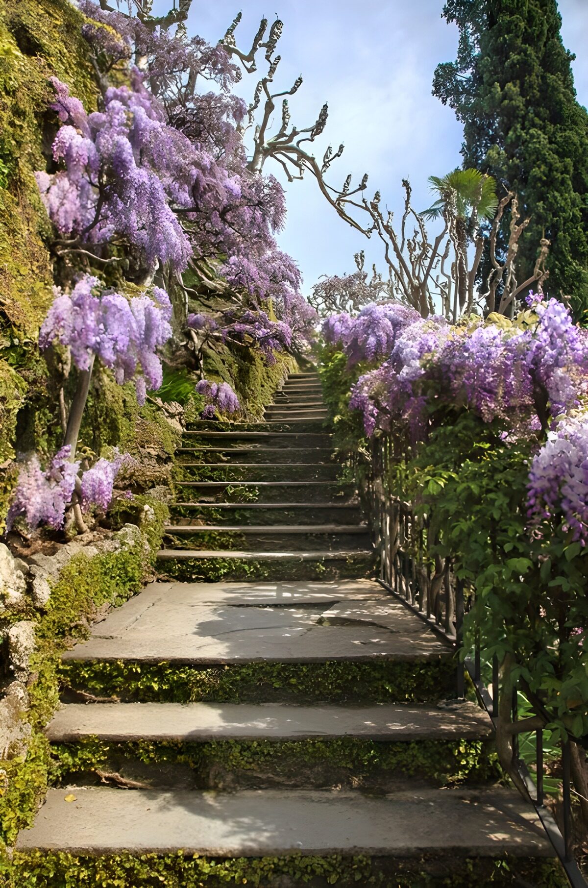 Steintreppe im Schatten des Blauregens