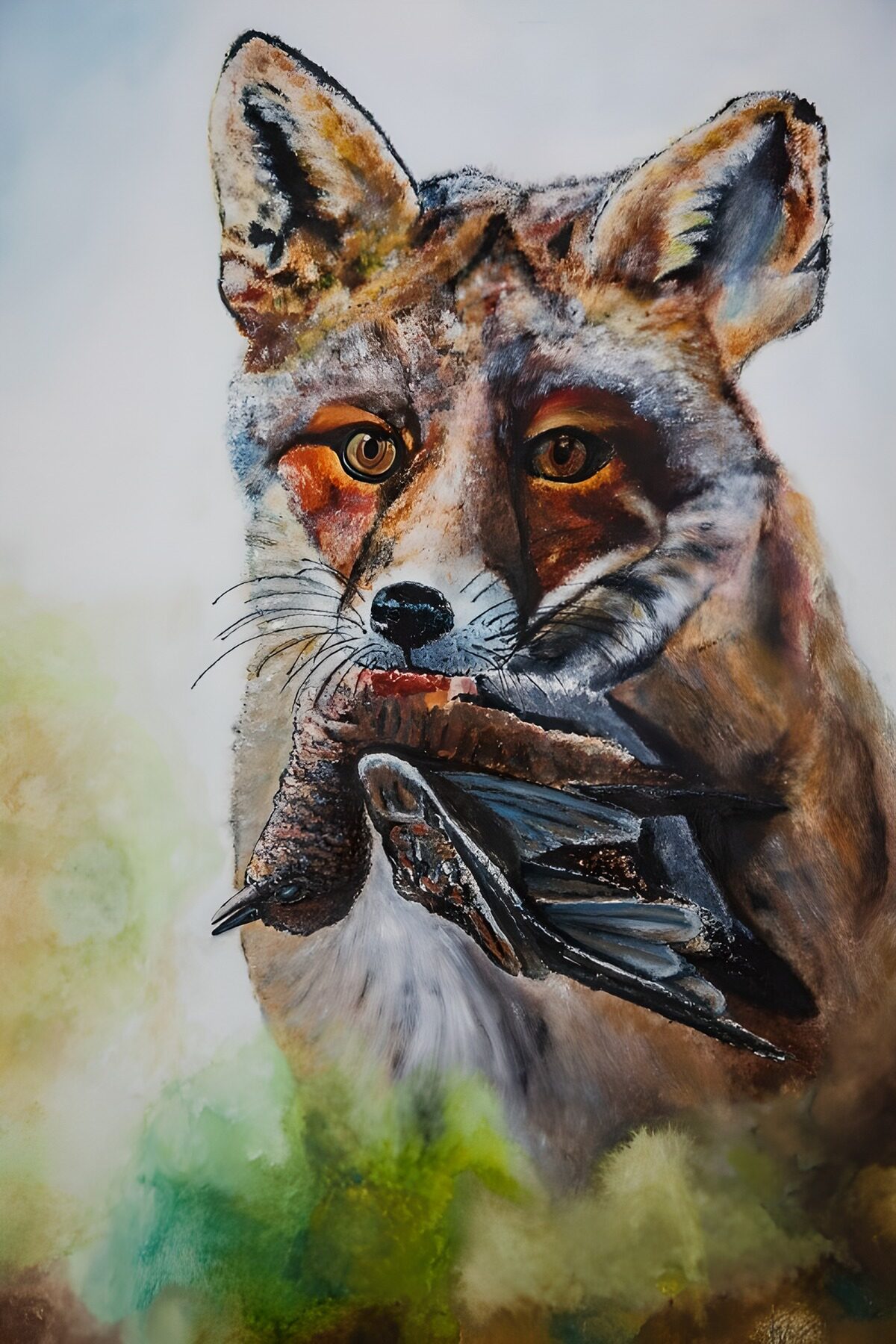 Rotfuchs mit Vogel in sanften Aquarelltönen
