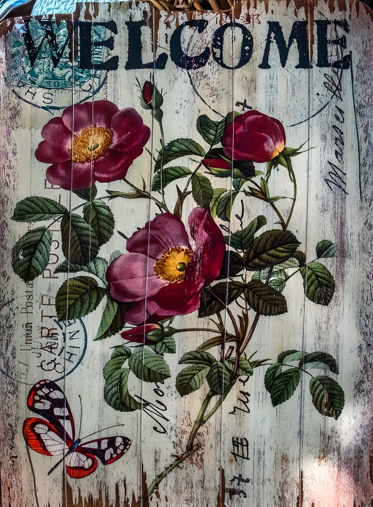 Rosen und Schmetterling im Vintage-Stil