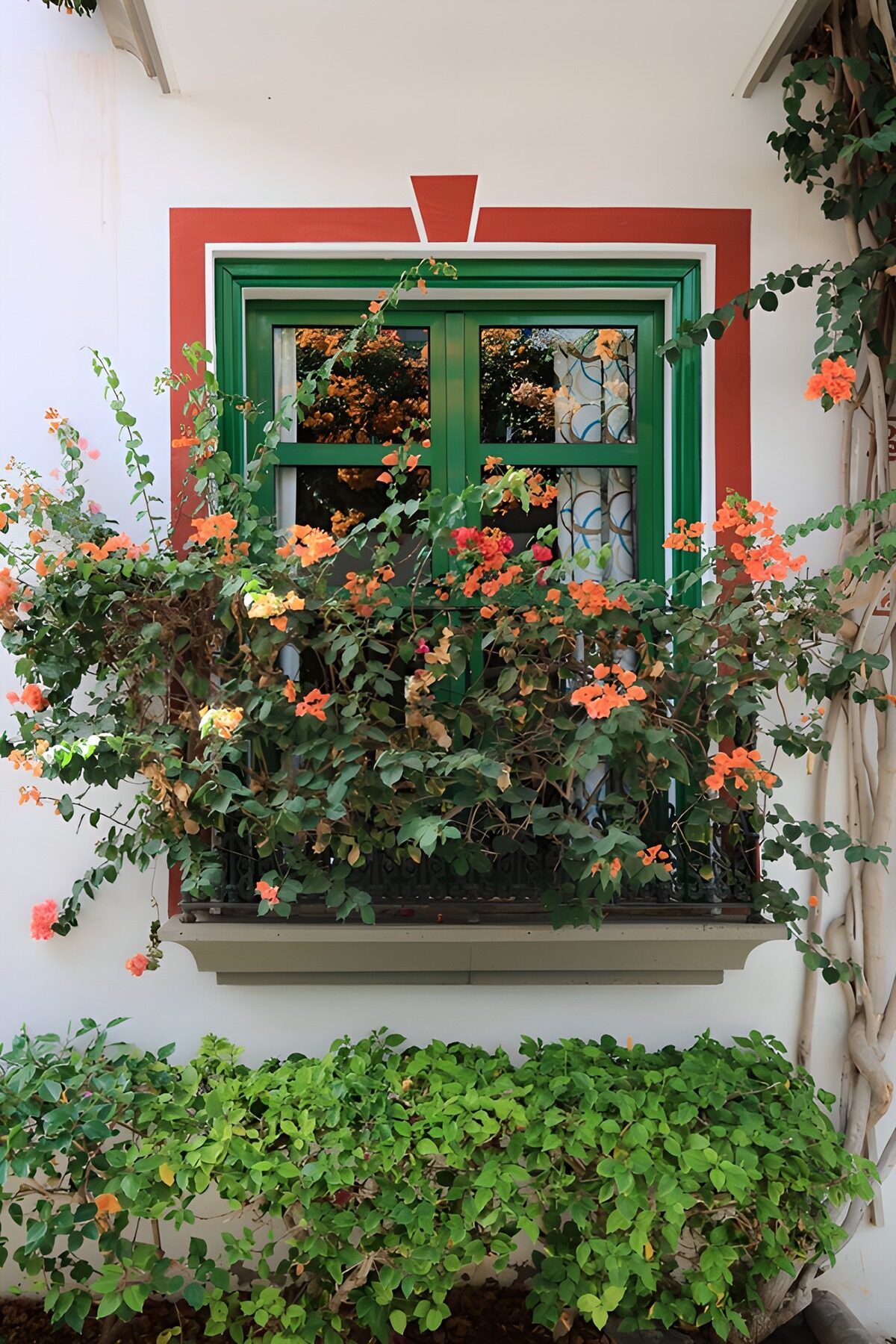 Grünes Fenster im bunten Blütenrahmen