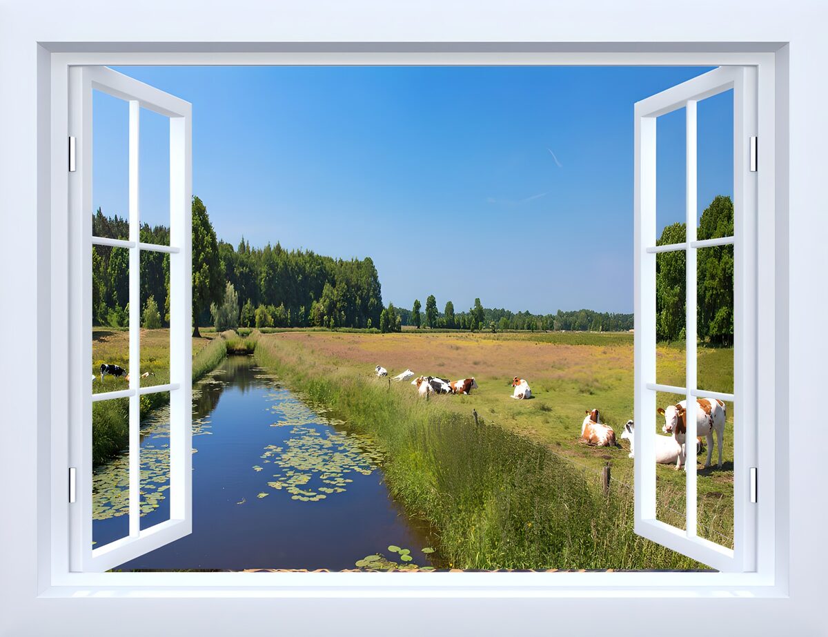 Offenes Fenster zur sonnigen Kuhweide