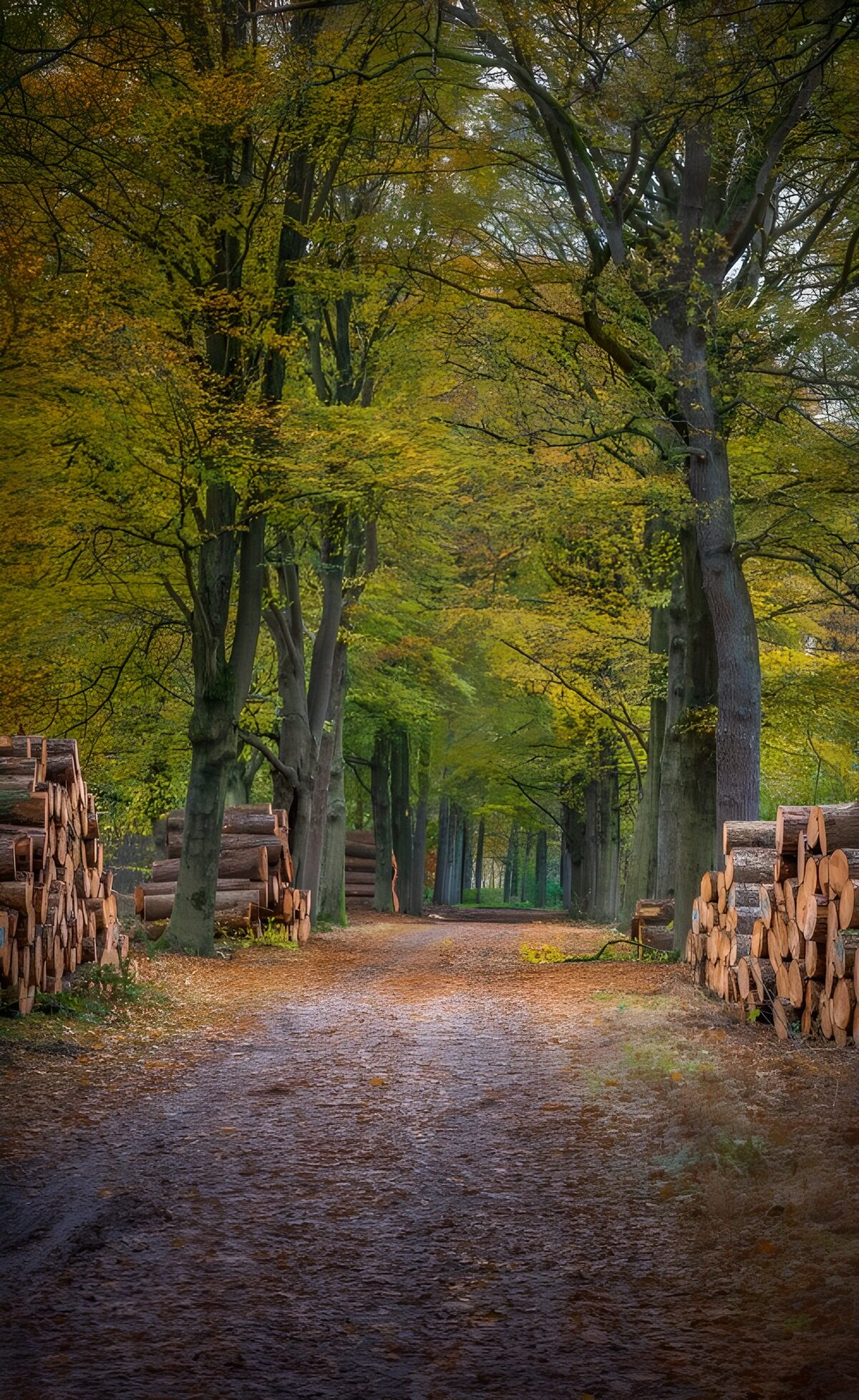 Goldenes Blätterdach über stillem Waldweg
