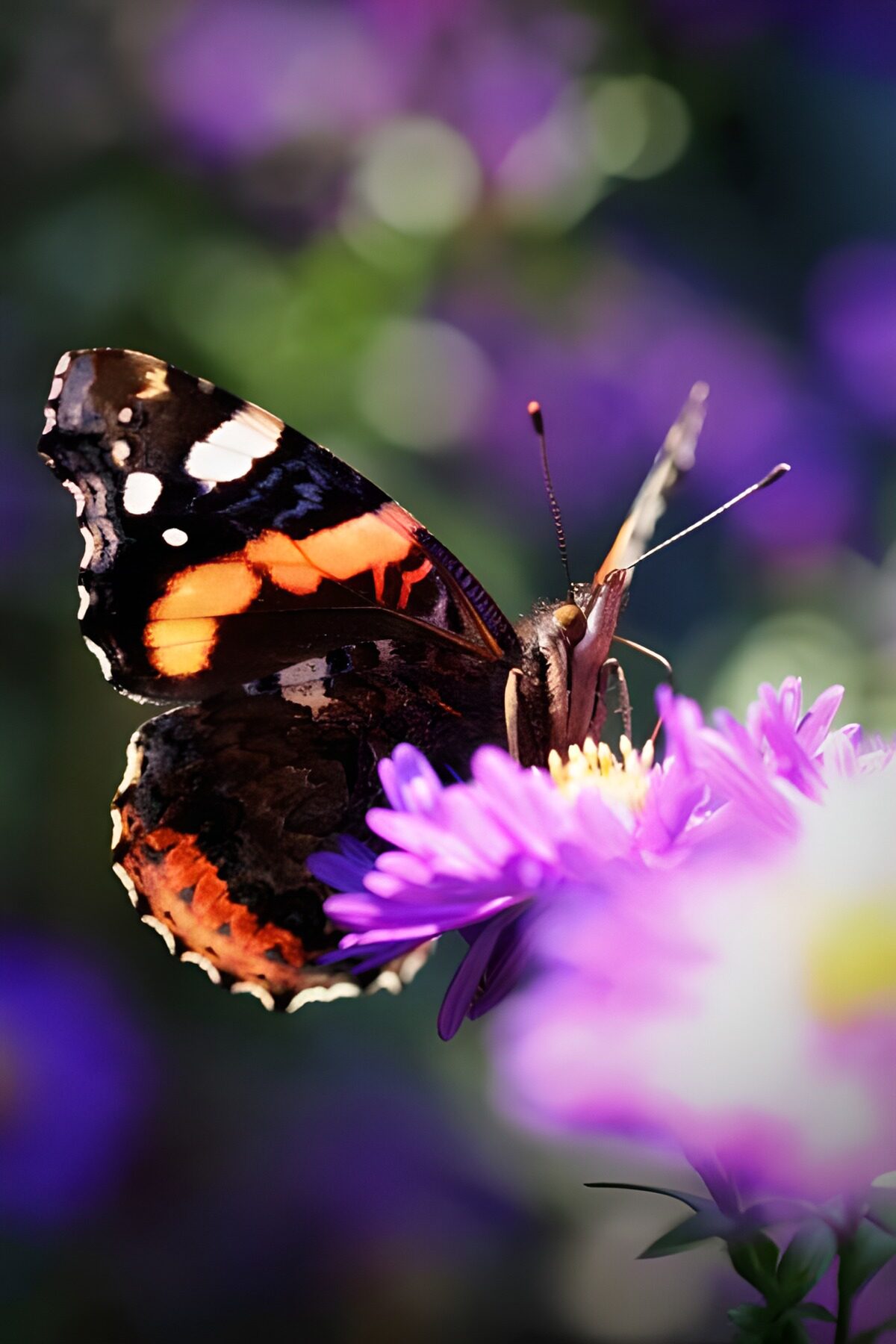 Admiral auf lila Blüte im Sonnenlicht