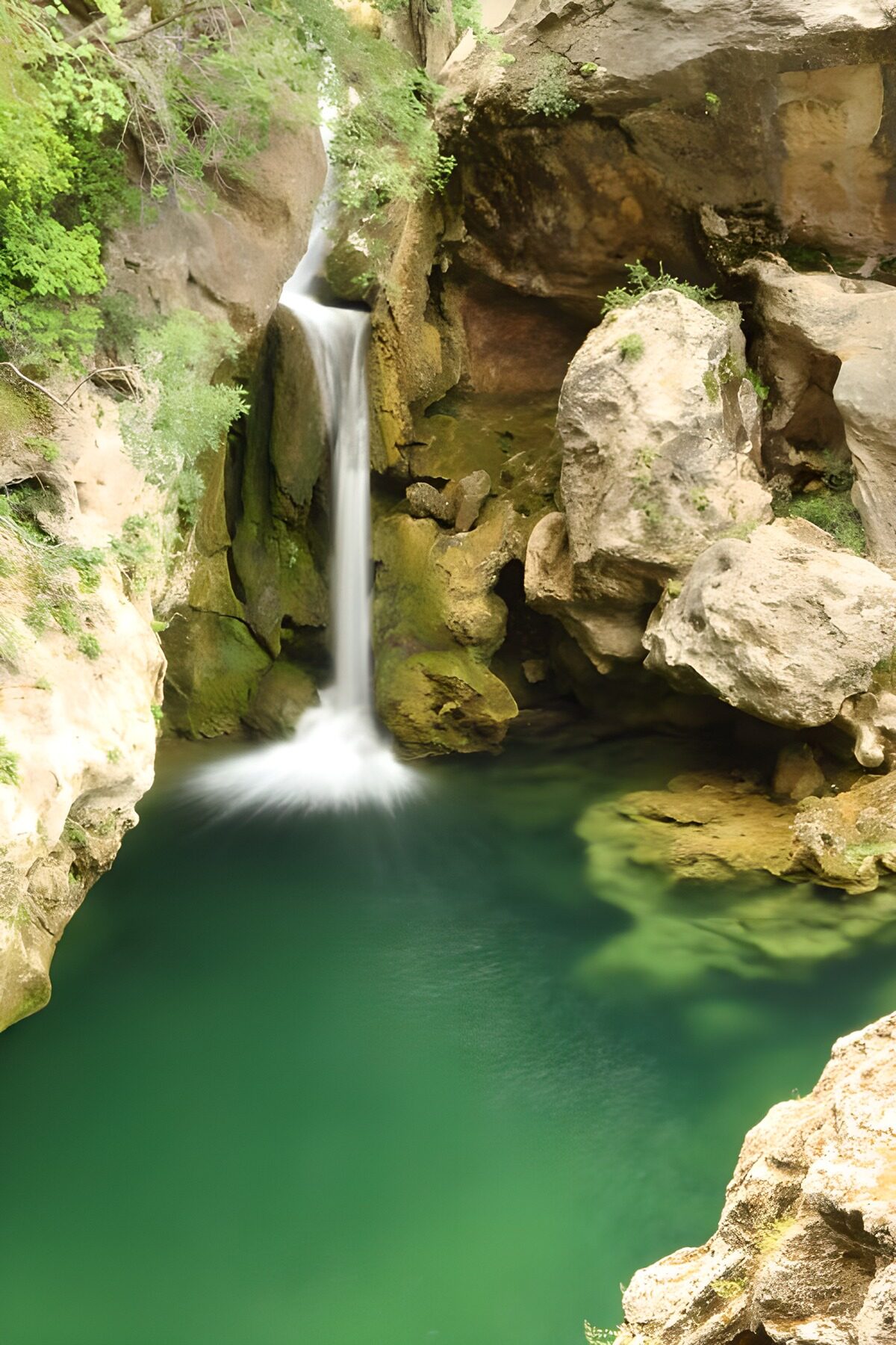Wasserfall zwischen Fels und Grün