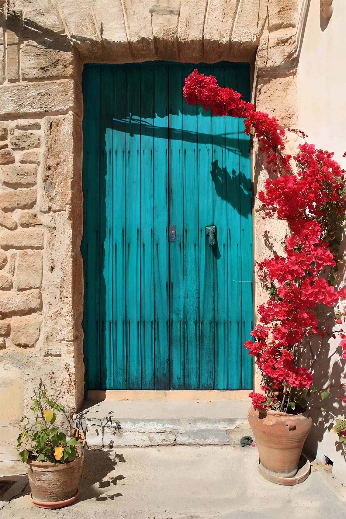 Türkise Holztür mit pinker Bougainvillea