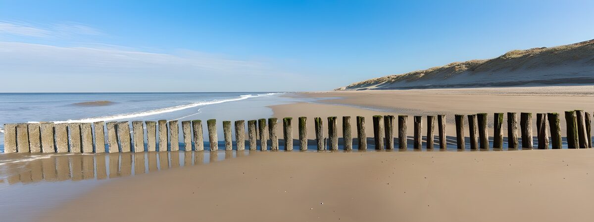 Holzpfähle am weiten Sandstrand