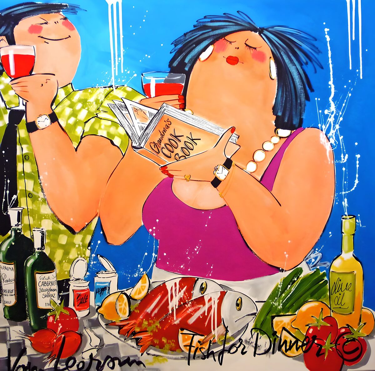 Mann, Frau und Wein am bunten Tisch