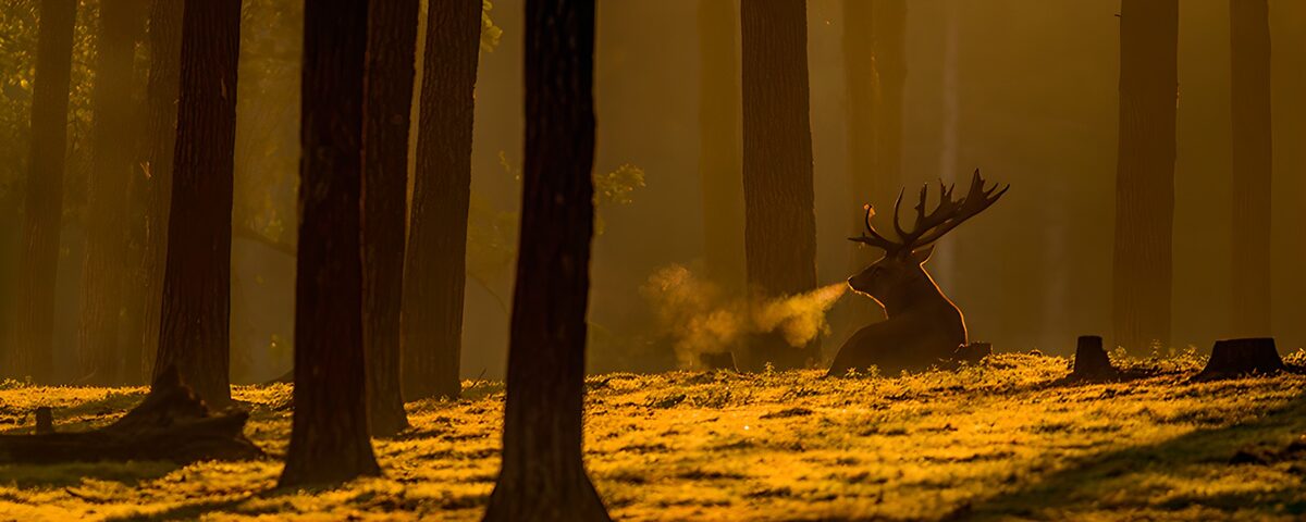 Ruhender Hirsch im goldenen Waldlicht