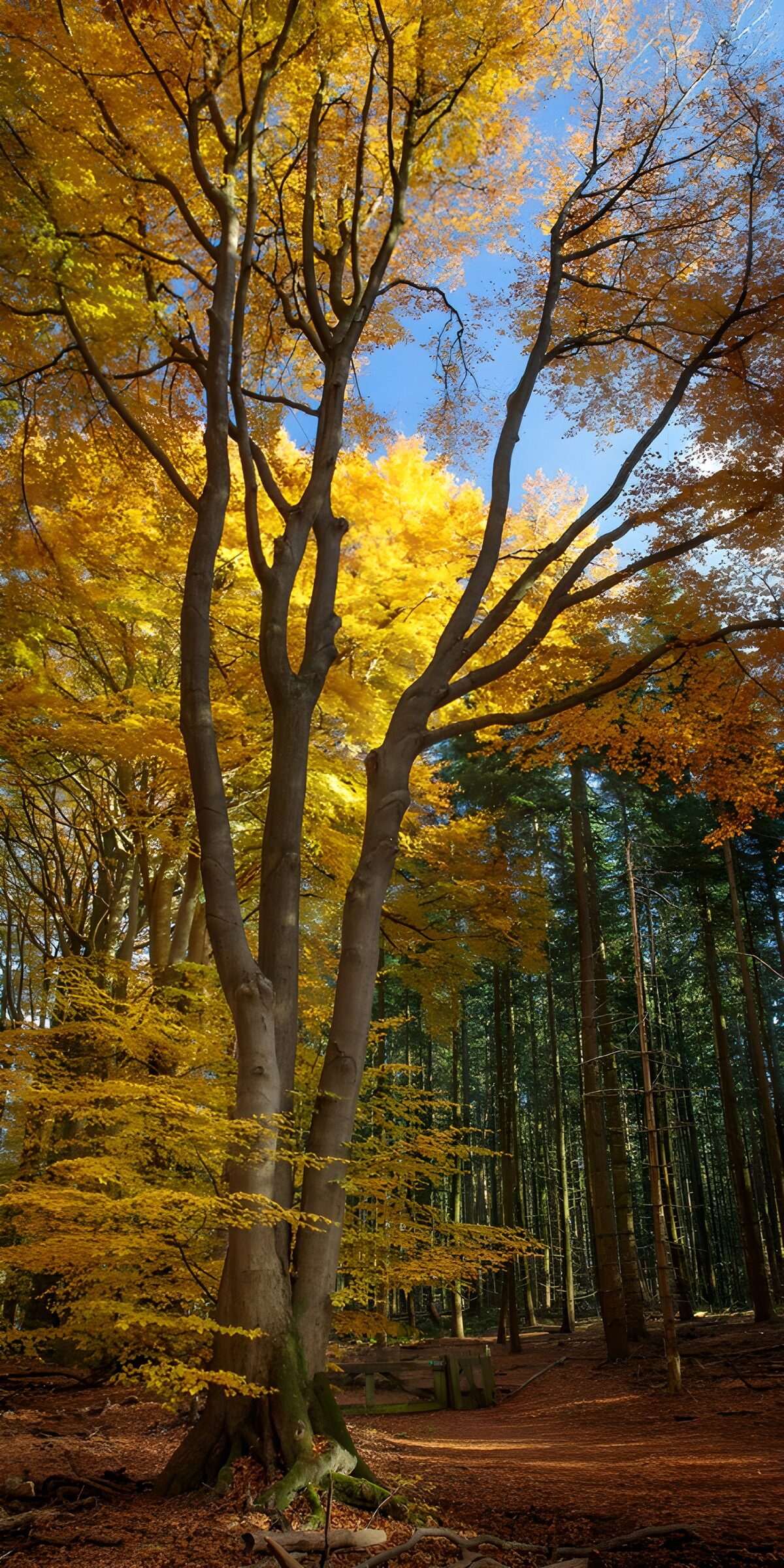 Goldgelbe Baumkronen im Herbstwald