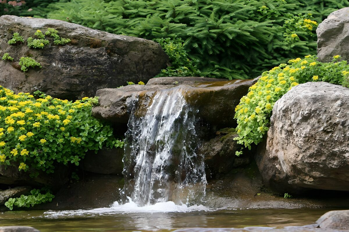 Wasserfall zwischen Felsen und gelben Blüten