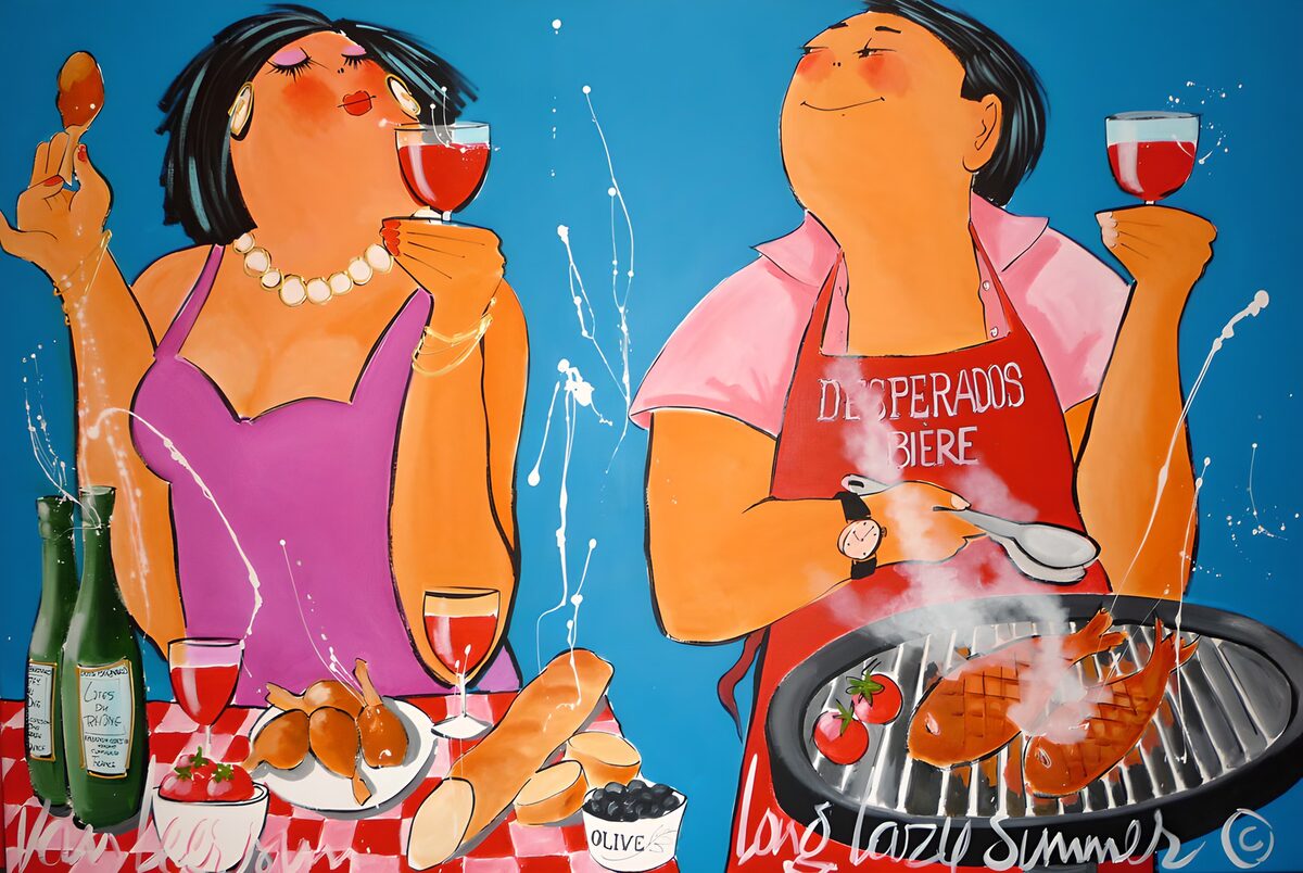 Ein Paar mit Rotwein und gegrilltem Fisch