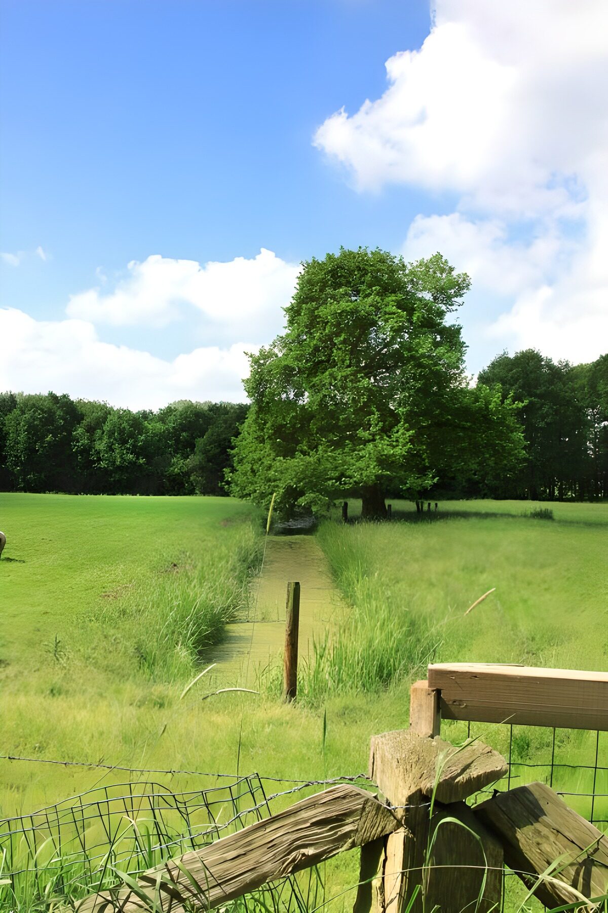 Grüne Wiese mit Graben und altem Zaun