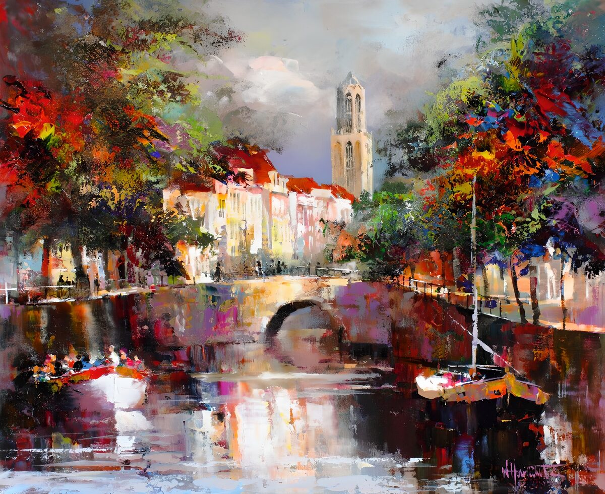 Bunte Altstadt am Kanal mit Bogenbrücke