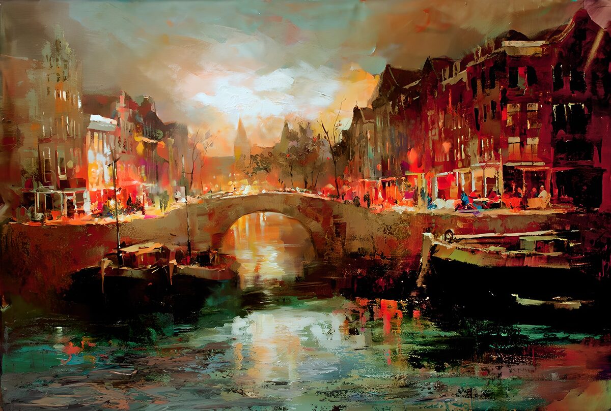 Kanal mit Steinbrücke im Abendlicht