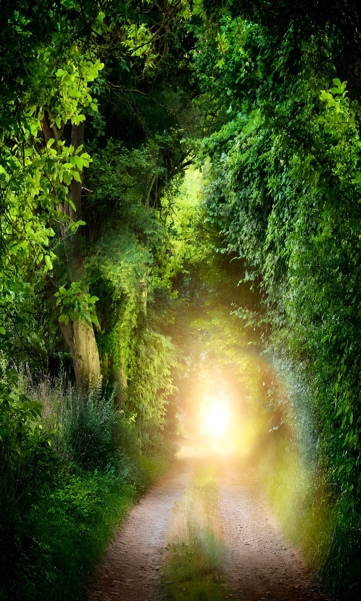 Schmaler Waldweg im goldenen Sonnenlicht