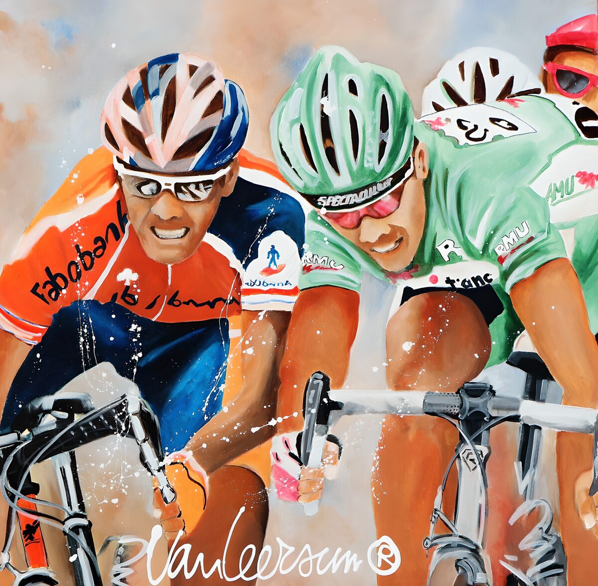 Radrennfahrer in Orange und Mint