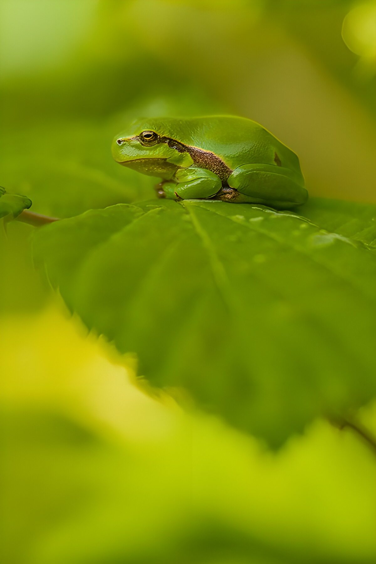 Grüner Frosch auf dem Blatt, ganz in Ruhe