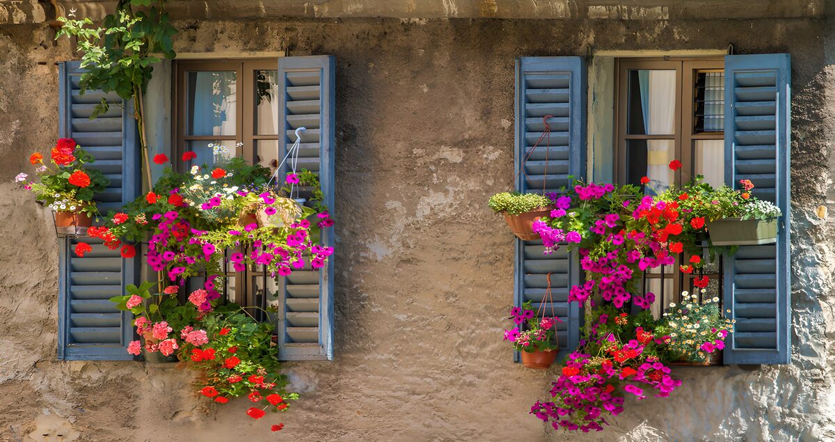 Blaue Fensterläden und üppige Blüten