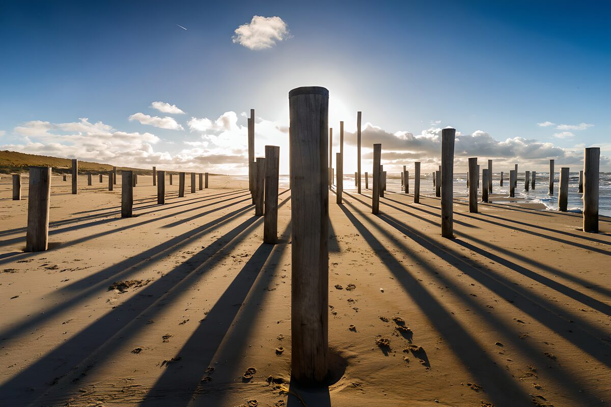 Holzpfosten am Strand im Abendlicht