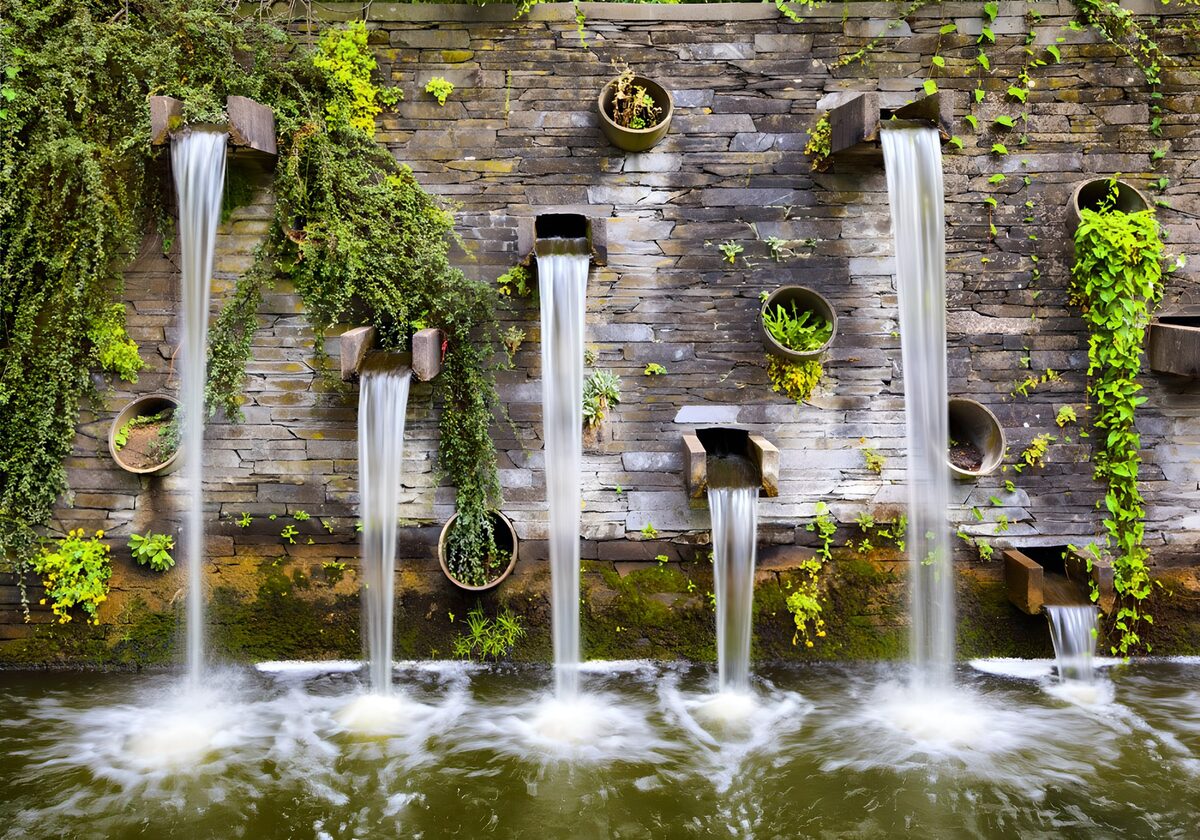 Wasserwand aus Stein im grünen Garten