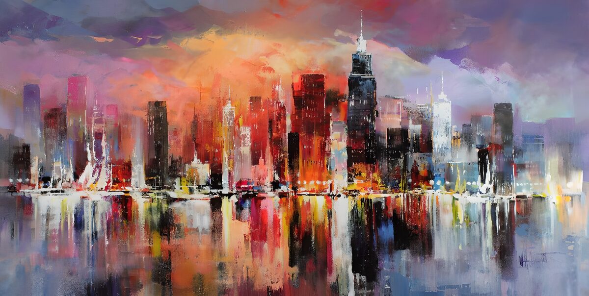 Bunte Skyline im warmen Abendlicht