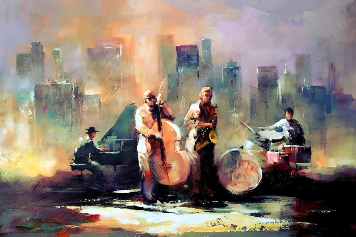 Jazzquartett vor abstrakter Skyline