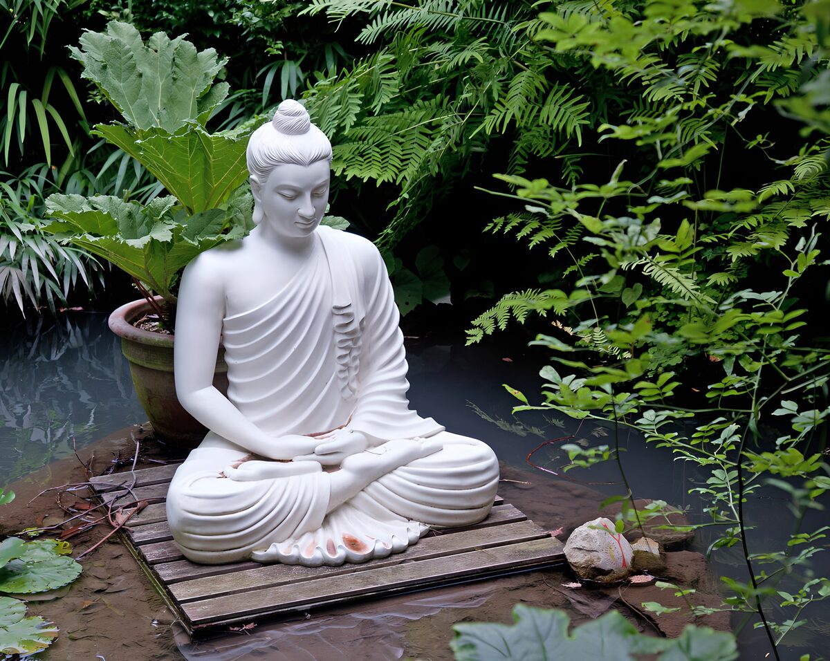Weißer Buddha am stillen Gartenteich