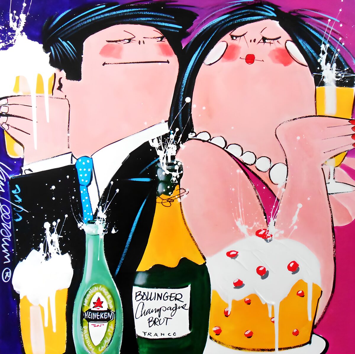 Mann und Frau feiern mit Bier und Champagner