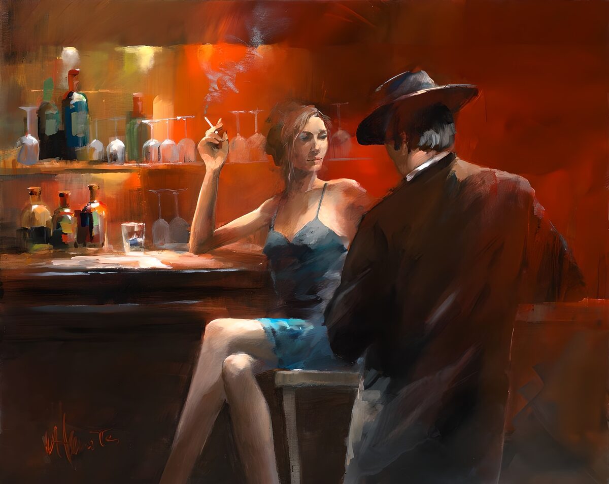 Frau und Mann im warmen Licht der Bar