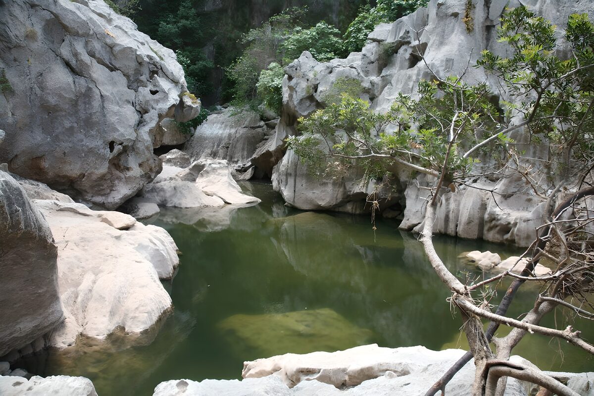 Grüner Naturpool zwischen hellen Felsen
