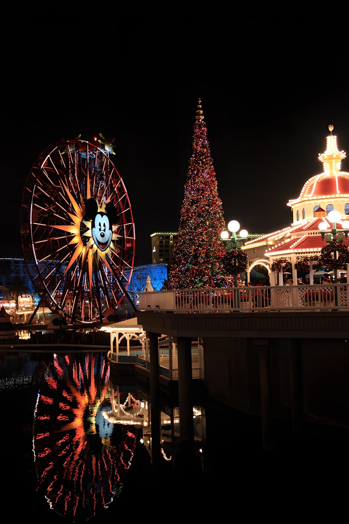Riesenrad und Weihnachtsbaum bei Nacht