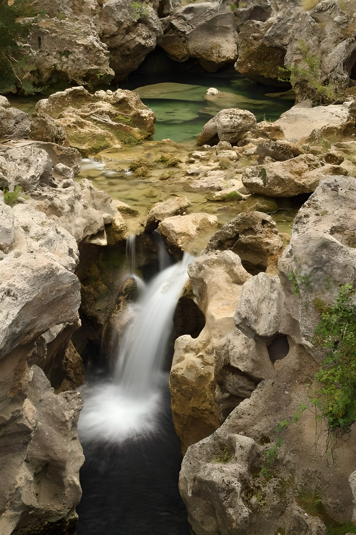 Kleiner Wasserfall zwischen stillen Felsen