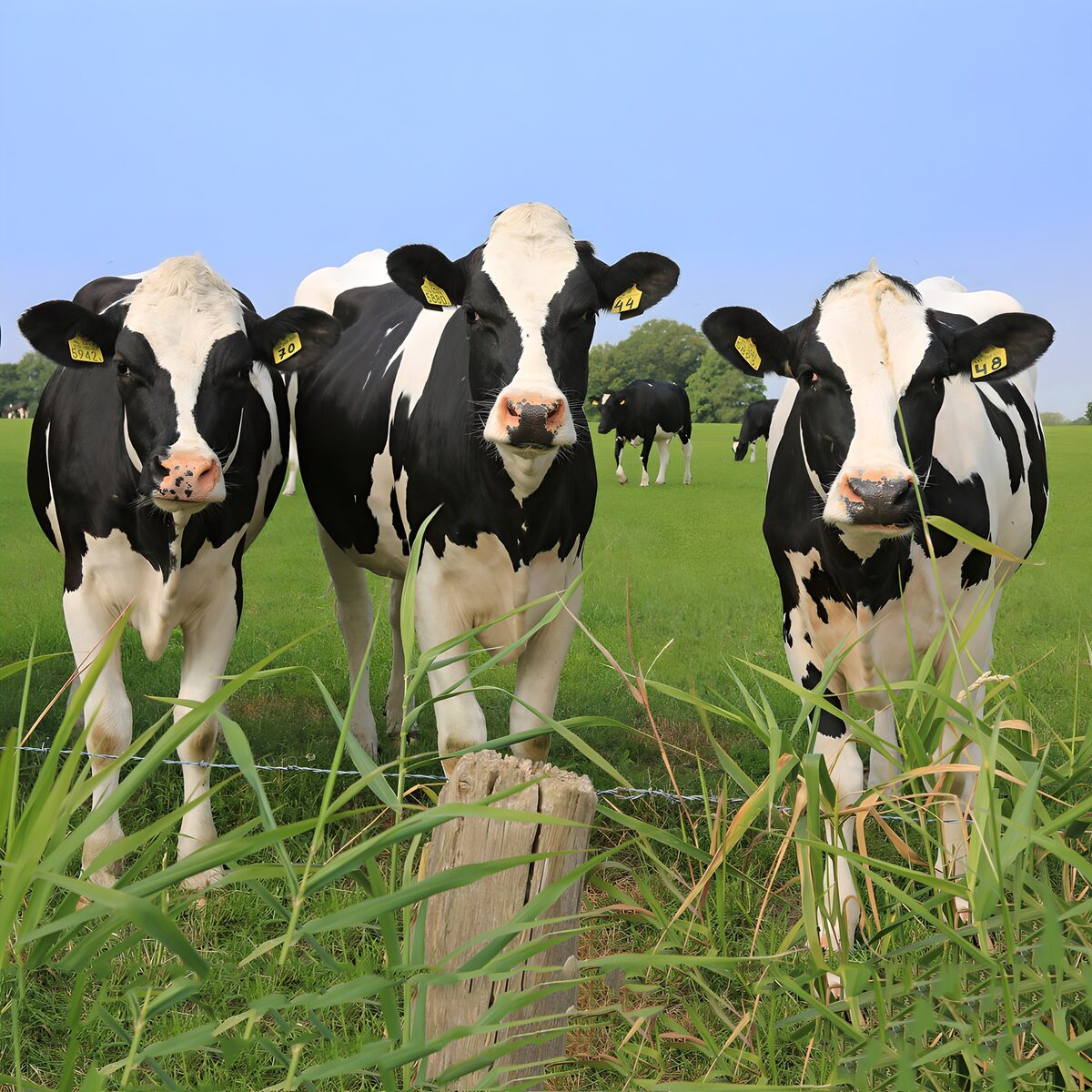 Drei schwarz-weiße Kühe im saftigen Gras
