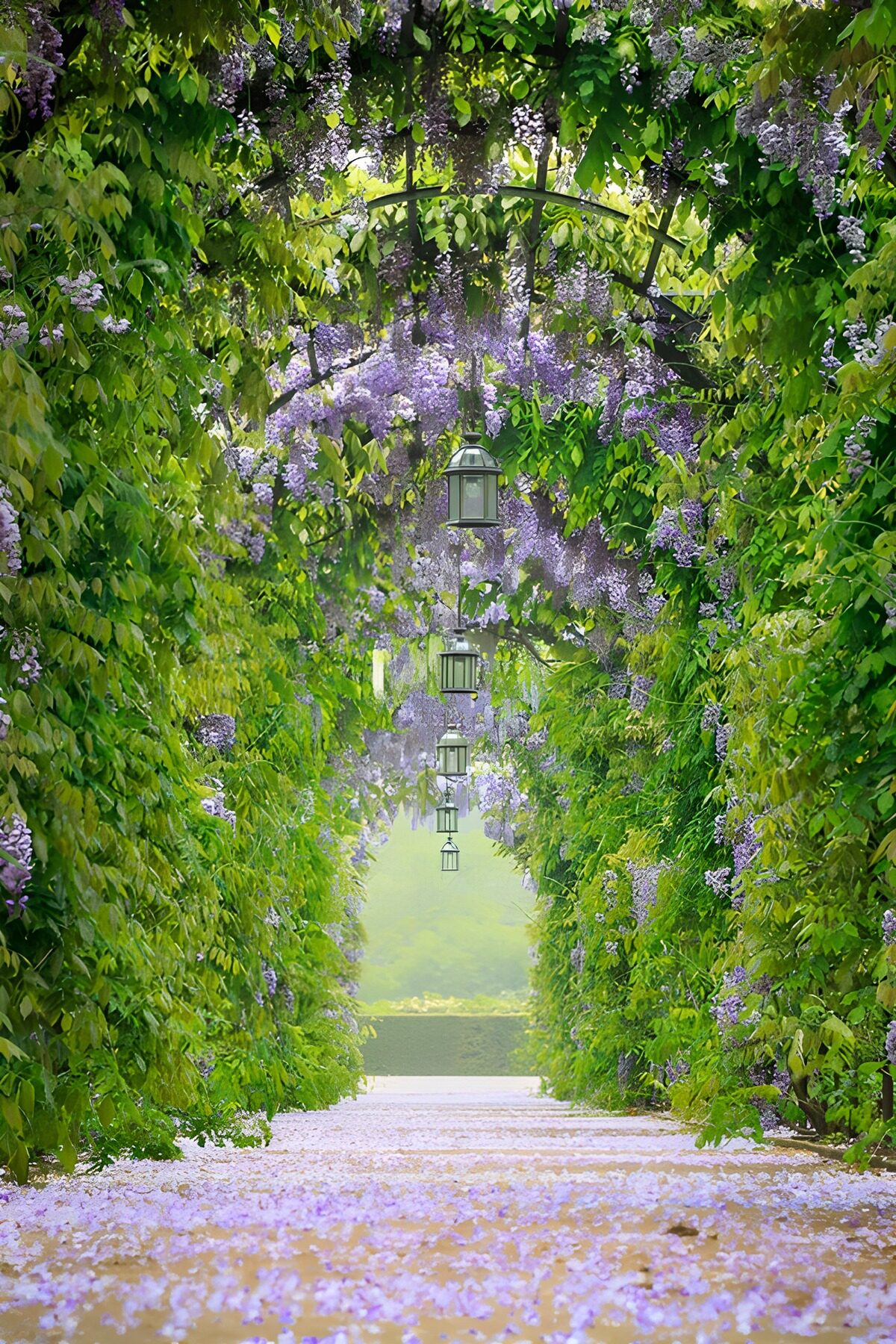 Blauregentunnel mit stillem Gartenweg